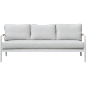 SAFAVIEH Couture Outdoor Patio Furniture Collection – Chryssa 3-Seater Sofa, White Aluminum Frame with Natural Teak Wood Armrests & Beige Cushions (CPT4008A)(White/Beige)