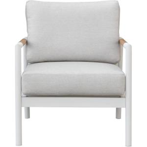SAFAVIEH Couture Outdoor Patio Furniture Collection – Chryssa Accent Chair, White Aluminum Frame with Natural Teak Wood Armrests & Beige Cushions (CPT4007A)(White/Beige)
