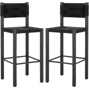 SAFAVIEH Couture Outdoor Patio Furniture Collection – Romona Tropical Bar Stool Set of 2, Black Woven Rattan Design, 30-Inch, Fully Assembled (CPT4001A)(Black)