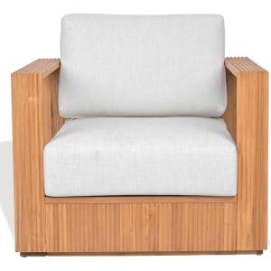 SAFAVIEH Couture Outdoor Patio Furniture Collection – Saint Lucia Natural Teak Wood Patio Chair with White Cushions, Reeded Outdoor Accent Chair (CPT1072A)(Natural/White)