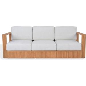 SAFAVIEH Couture Outdoor Patio Furniture Collection – Saint Lucia Natural Teak Wood Patio Sofa with White Cushions, Reeded Outdoor Sofa (CPT1074A)(Natural/White)