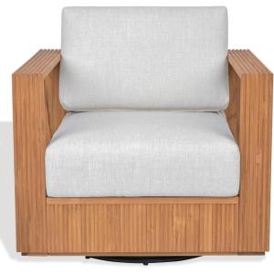 SAFAVIEH Couture Outdoor Patio Furniture Collection – Saint Lucia Natural Teak Wood Swivel Patio Chair with Cushions, Reeded Outdoor Accent Chair, 360-Degree Swivel Base (CPT1071A)(Natural/White)