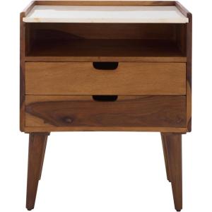 SAFAVIEH Home Collection – Alexi 2-Drawer Nightstand Table with White Marble Top, Brown Mid-Century Bedside Storage, Fully Assembled (NST3701A)(White Marble/Brown)