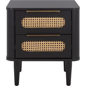 SAFAVIEH Home Collection – Brey Walnut & Brass 2-Drawer Nightstand, Mid-Century Cane Accent Bedside Table (NST3107A)(Black/Brass)