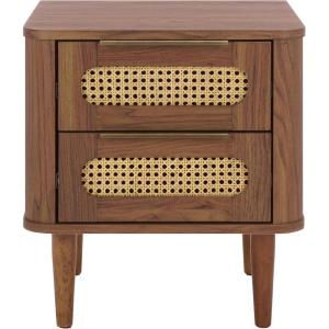 SAFAVIEH Home Collection – Brey Walnut & Brass 2-Drawer Nightstand, Mid-Century Cane Accent Bedside Table (NST3107A)(Walnut/Brass)