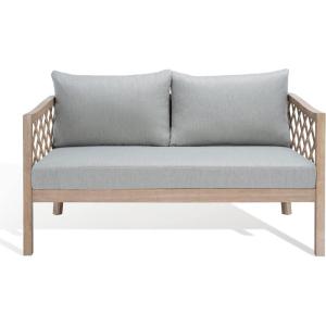 SAFAVIEH Outdoor Couture Collection Fiji Dark Brown Solid Wood/Beige Cushion Trellis Pattern Patio Sofa (CPT1037A)