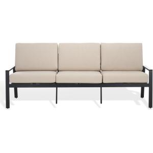 SAFAVIEH Outdoor Couture Patio Furniture Guam Black Aluminum & Beige Sofa with Cushions(Black/Beige)