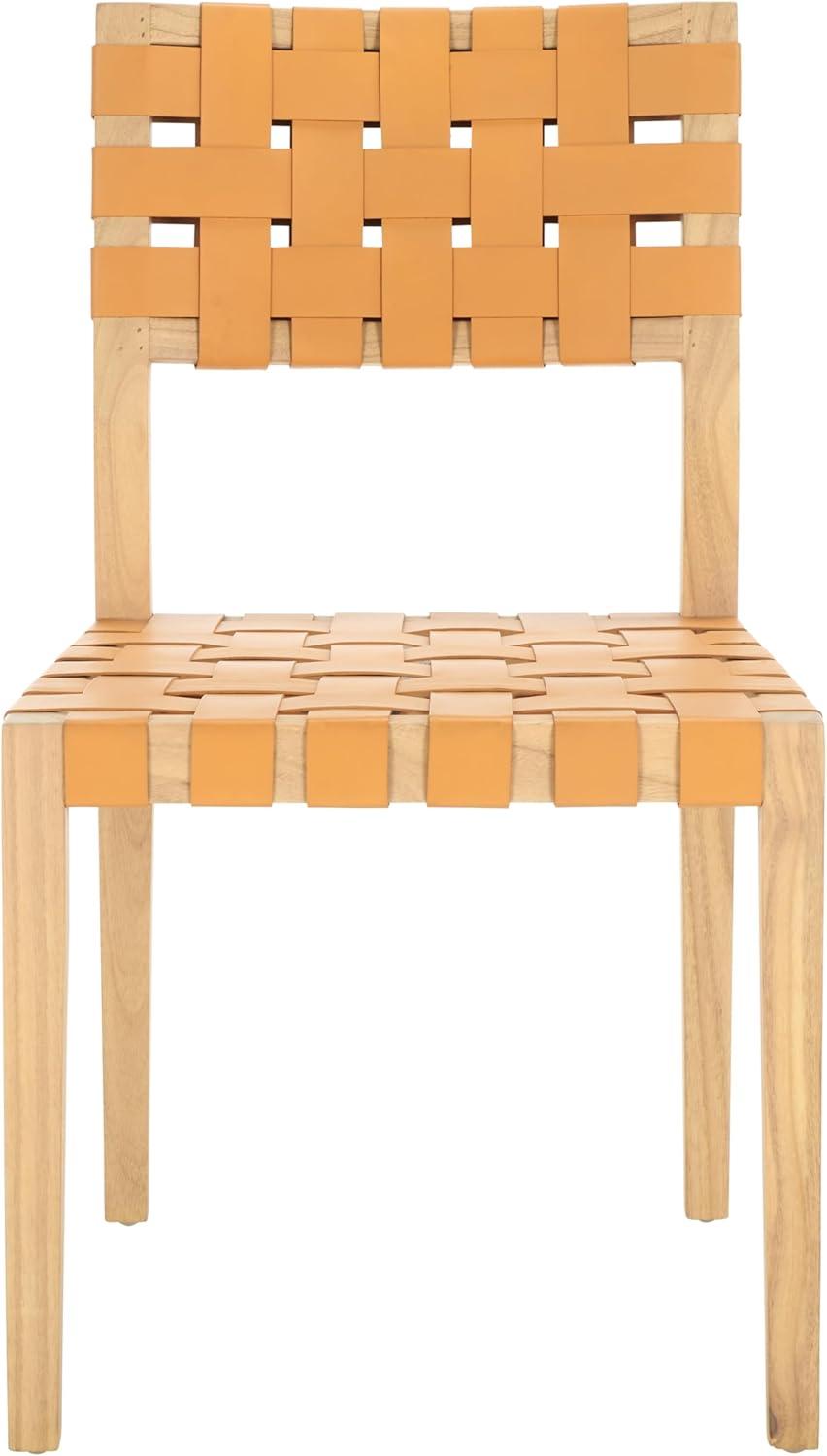 image:imageSAFAVIEH Couture Collection Bette Woven Leather Dining Chair Set of 2 Tan Leather Seat with Natural Solid Wood Frame Fully Assembled Modern Rustic Seating SFV1902DTanNatural