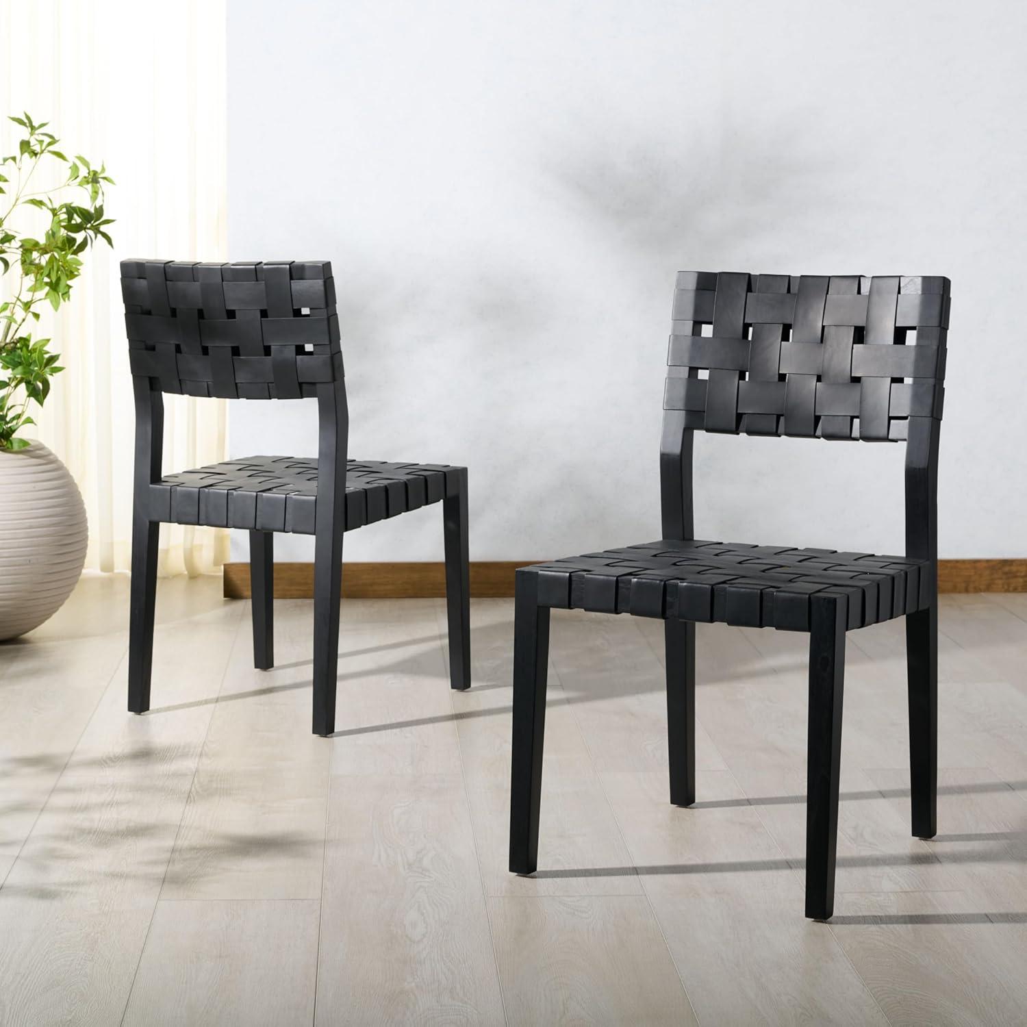 image:imageSAFAVIEH Couture Collection Bette Woven Leather Dining Chair Set of 2 Tan Leather Seat with Natural Solid Wood Frame Fully Assembled Modern Rustic Seating SFV1902DBlackBlack
