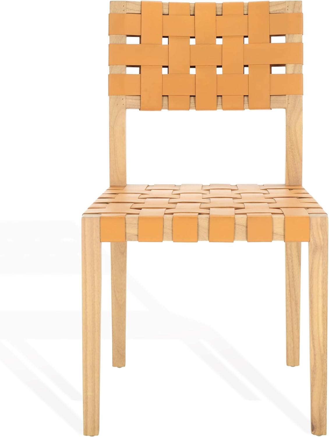 image:imageSAFAVIEH Couture Collection Bette Woven Leather Dining Chair Set of 2 Tan Leather Seat with Natural Solid Wood Frame Fully Assembled Modern Rustic Seating SFV1902DTanNatural