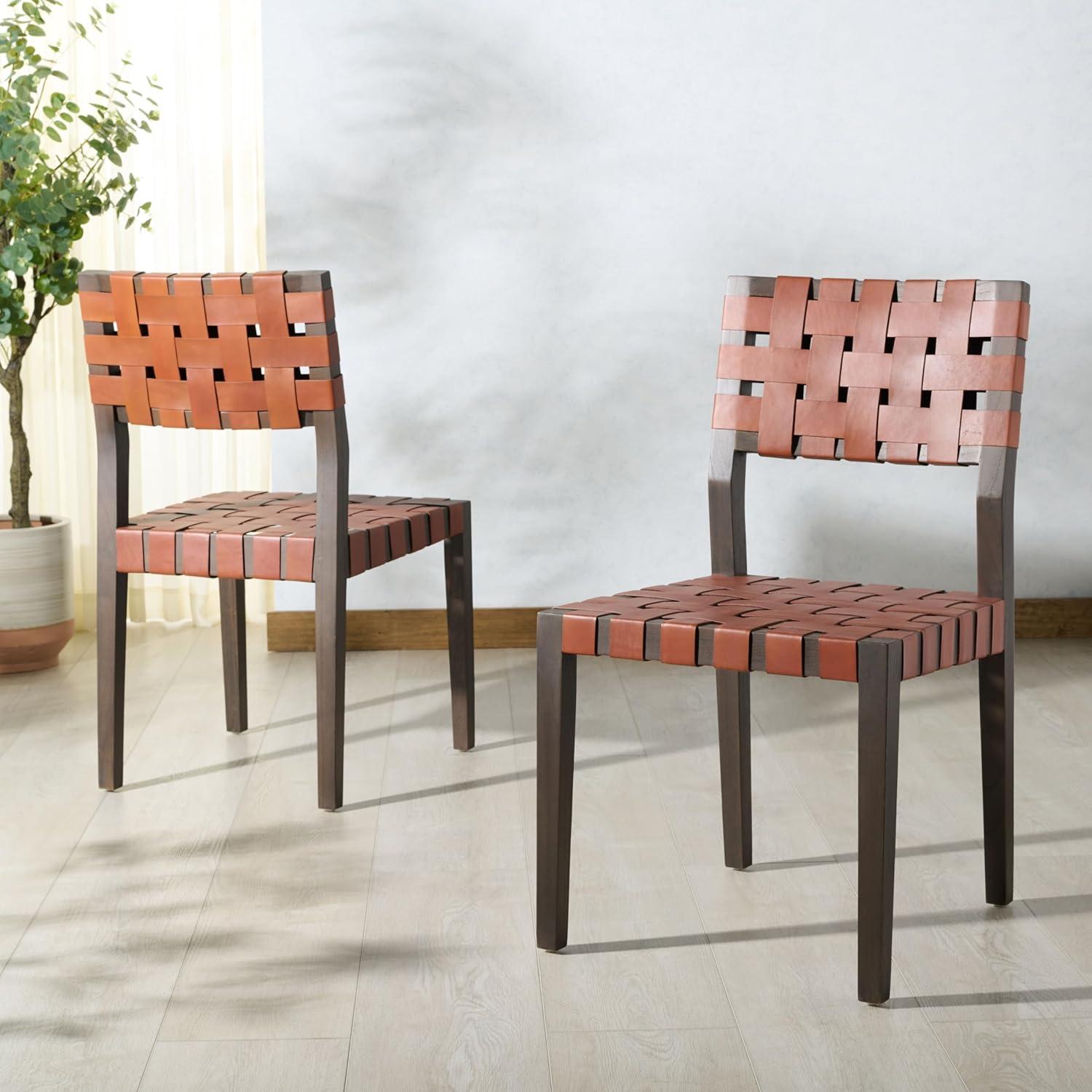 image:imageSAFAVIEH Couture Collection Bette Woven Leather Dining Chair Set of 2 Tan Leather Seat with Natural Solid Wood Frame Fully Assembled Modern Rustic Seating SFV1902DBrownWalnut