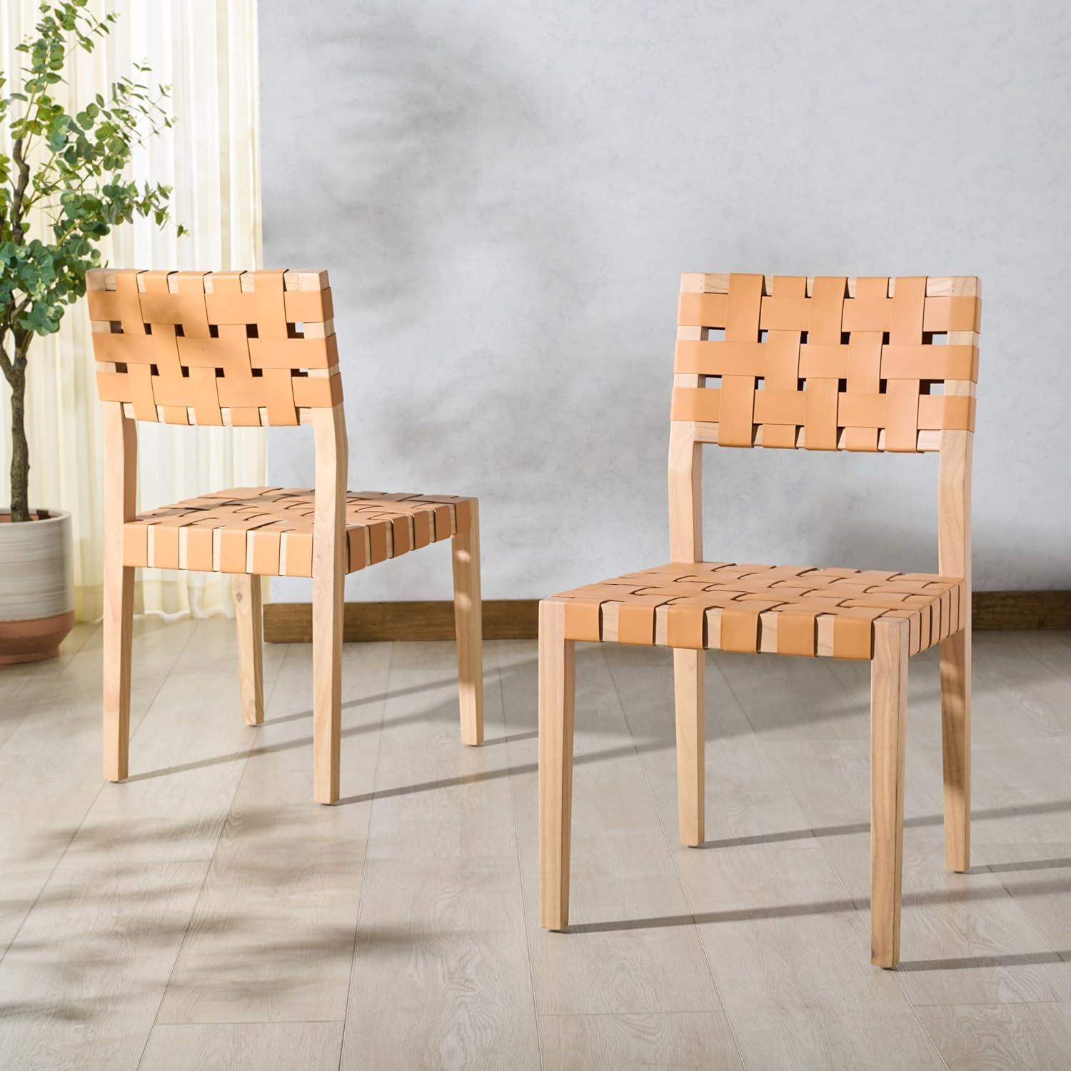image:imageSAFAVIEH Couture Collection Bette Woven Leather Dining Chair Set of 2 Tan Leather Seat with Natural Solid Wood Frame Fully Assembled Modern Rustic Seating SFV1902DTanNatural