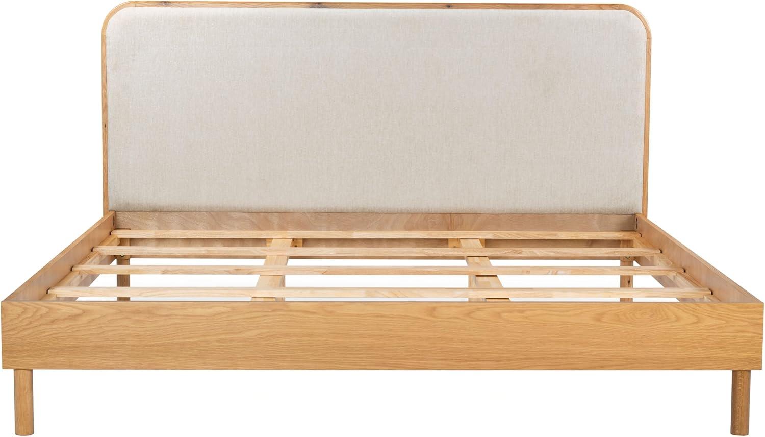 image:imageSAFAVIEH Couture Collection Yohan Queen Natural Wood Frame Bed Beige Fabric Upholstered Curved Headboard No Box Spring Needed SFV4218AQNaturalBeige