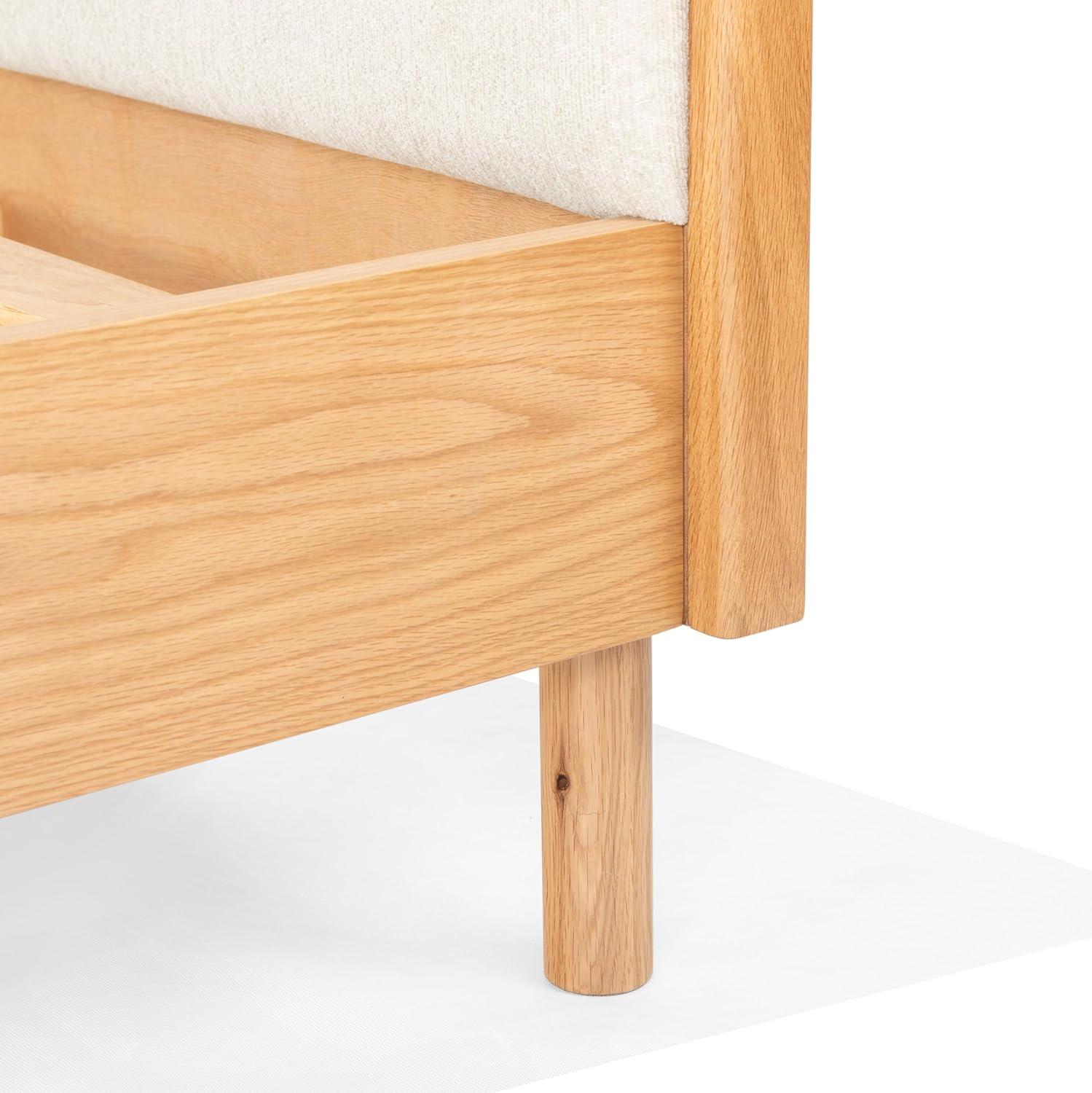 image:imageSAFAVIEH Couture Collection Yohan Queen Natural Wood Frame Bed Beige Fabric Upholstered Curved Headboard No Box Spring Needed SFV4218AQNaturalBeige