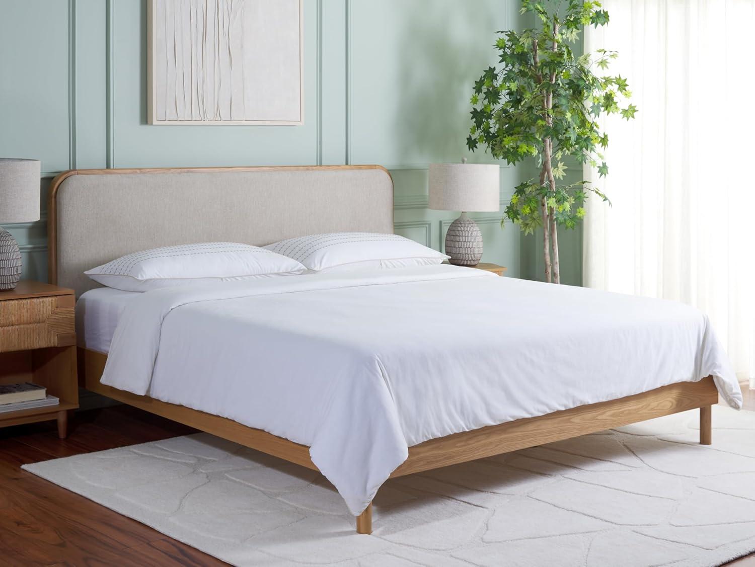 image:imageSAFAVIEH Couture Collection Yohan Queen Natural Wood Frame Bed Beige Fabric Upholstered Curved Headboard No Box Spring Needed SFV4218AQNaturalBeige
