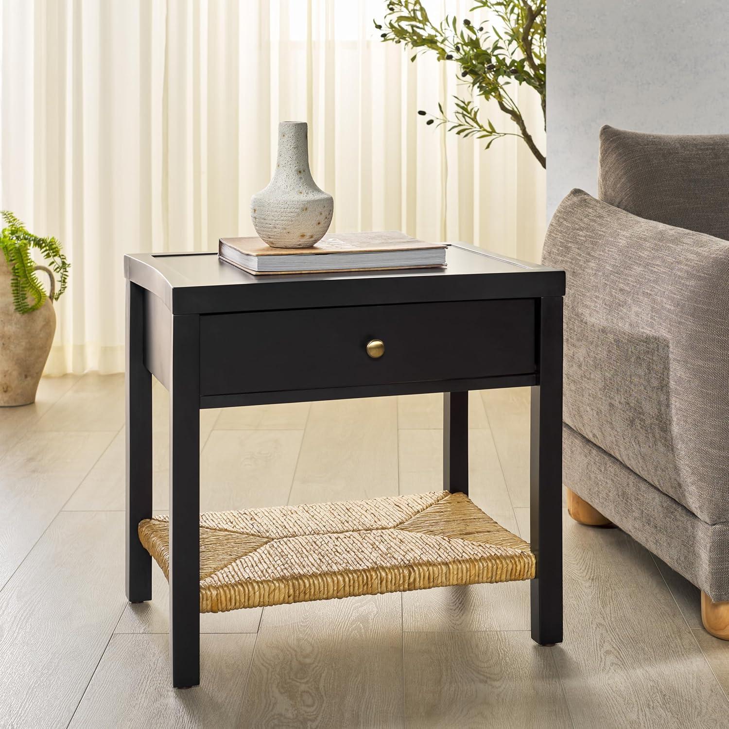 image:imageSAFAVIEH Couture Collection Berlynne BlackNatural Solid Wood 1Drawer Banana Stem Shelf Accent Table Nightstand