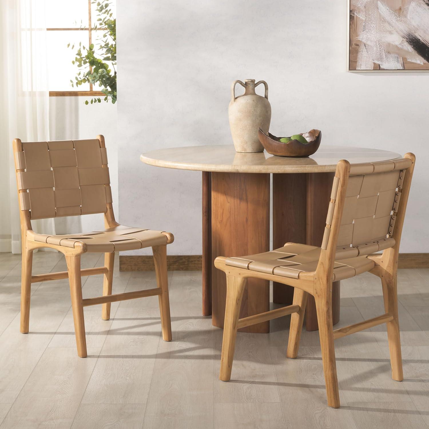 image:imageSAFAVIEH Couture Collection Cassaphina Black Woven Leather amp Black Solid Wood Dining Chair Set of 2 Fully AssembledTanNatural
