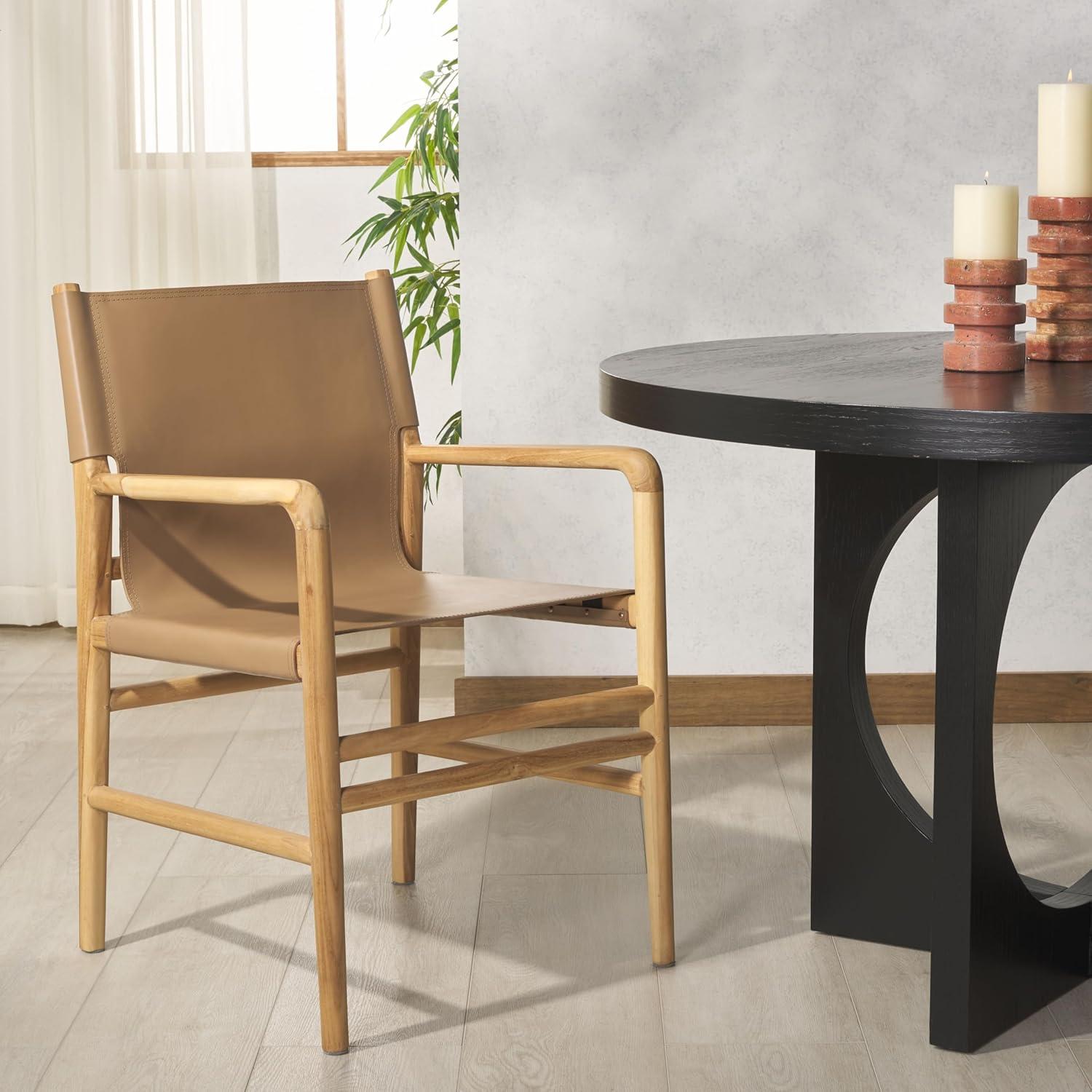 image:imageSAFAVIEH Couture Collection Cassaphina Tan Leather amp Natural Solid Wood Arm Chair Fully AssembledBrownNatural