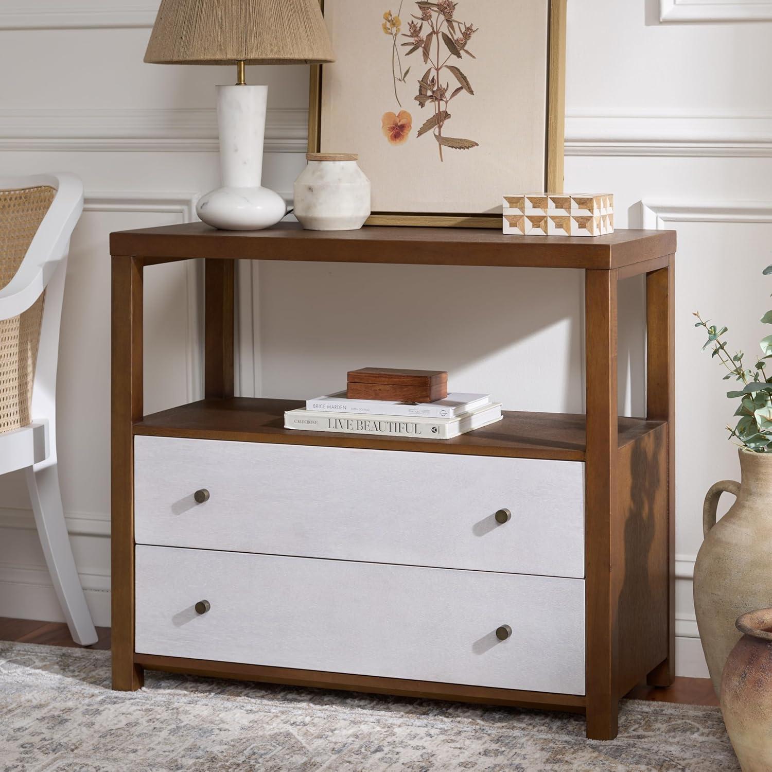 image:imageSAFAVIEH Home Collection Ernest Natural Brown amp White Washed 2Drawer 1Shelf Chest Modern Storage Cabinet Fully Assembled CHS6605ANaturalWhite Washed