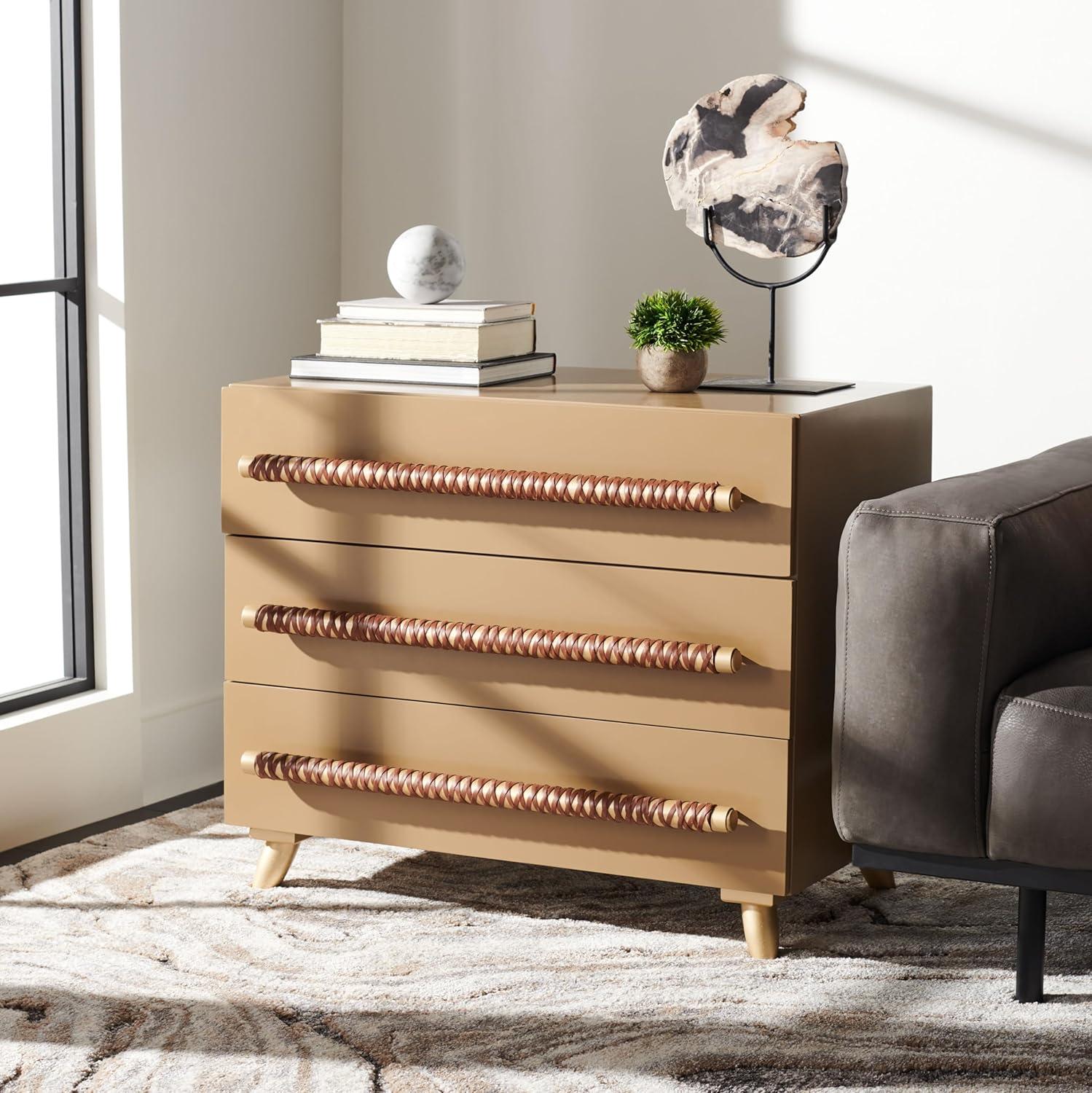 image:imageSAFAVIEH Home Collection Raquel White 3 Drawer Chest MidCentury Style Dresser with Faux Leather Wrapped Drawer Pulls CHS6602CTaupe Gold
