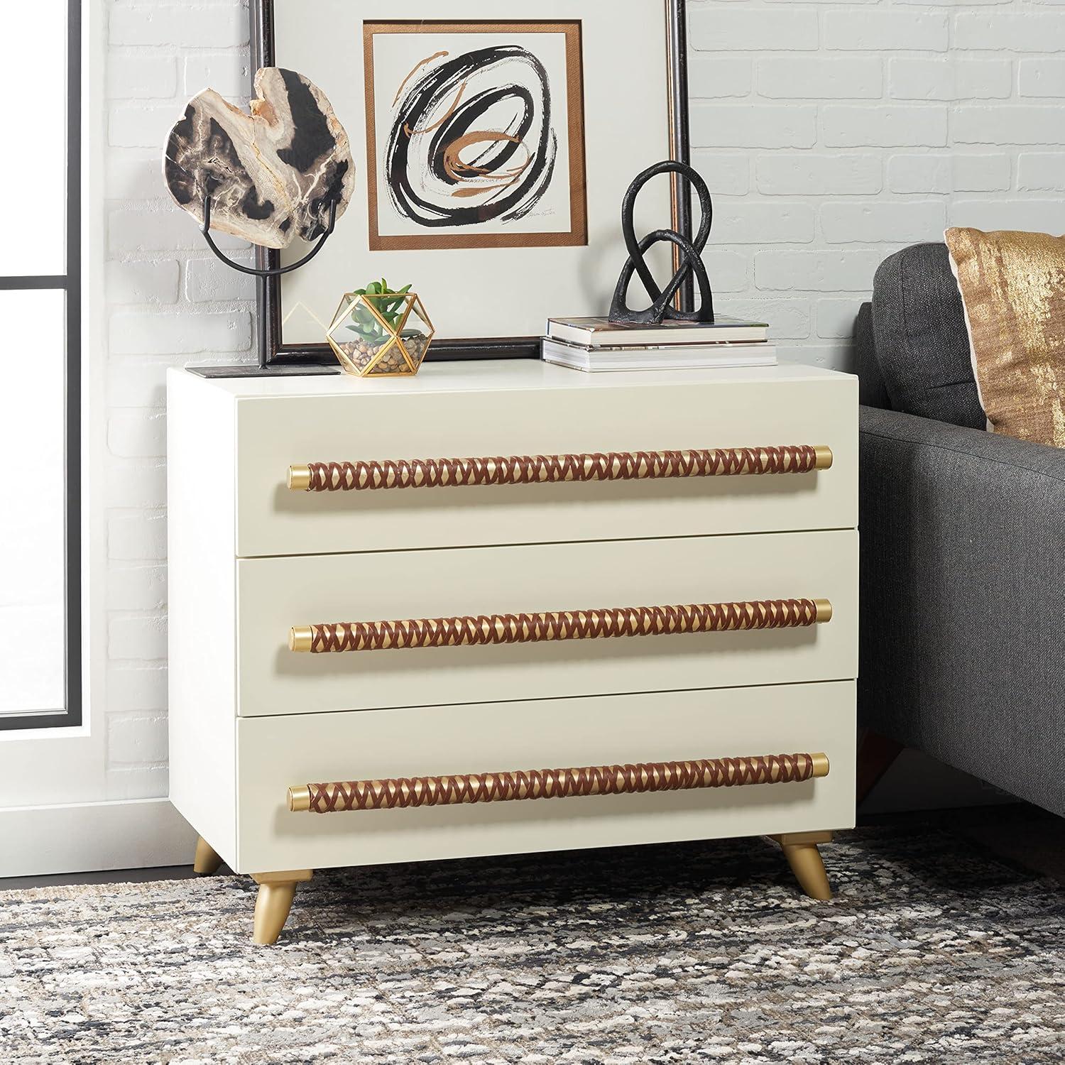 image:imageSAFAVIEH Home Collection Raquel White 3 Drawer Chest MidCentury Style Dresser with Faux Leather Wrapped Drawer Pulls CHS6602CWhiteGold