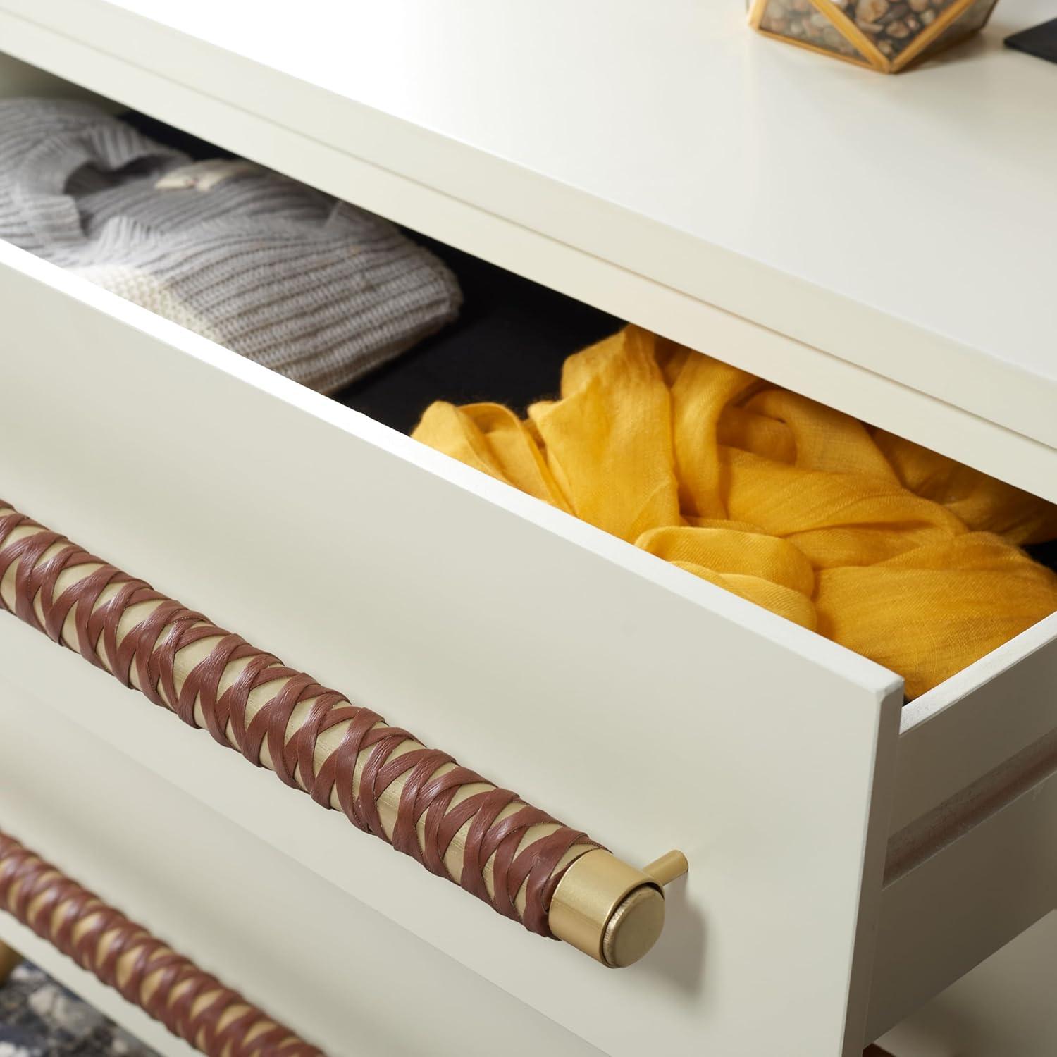 image:imageSAFAVIEH Home Collection Raquel White 3 Drawer Chest MidCentury Style Dresser with Faux Leather Wrapped Drawer Pulls CHS6602CWhiteGold