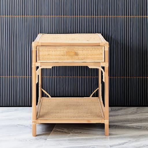 image:imageSAFAVIEH Home Collection Roya White amp Natural Nightstand with Drawer amp Shelf Coastal Accent Table BambooStyle Frame amp Rattan Drawer NST4005CNatural