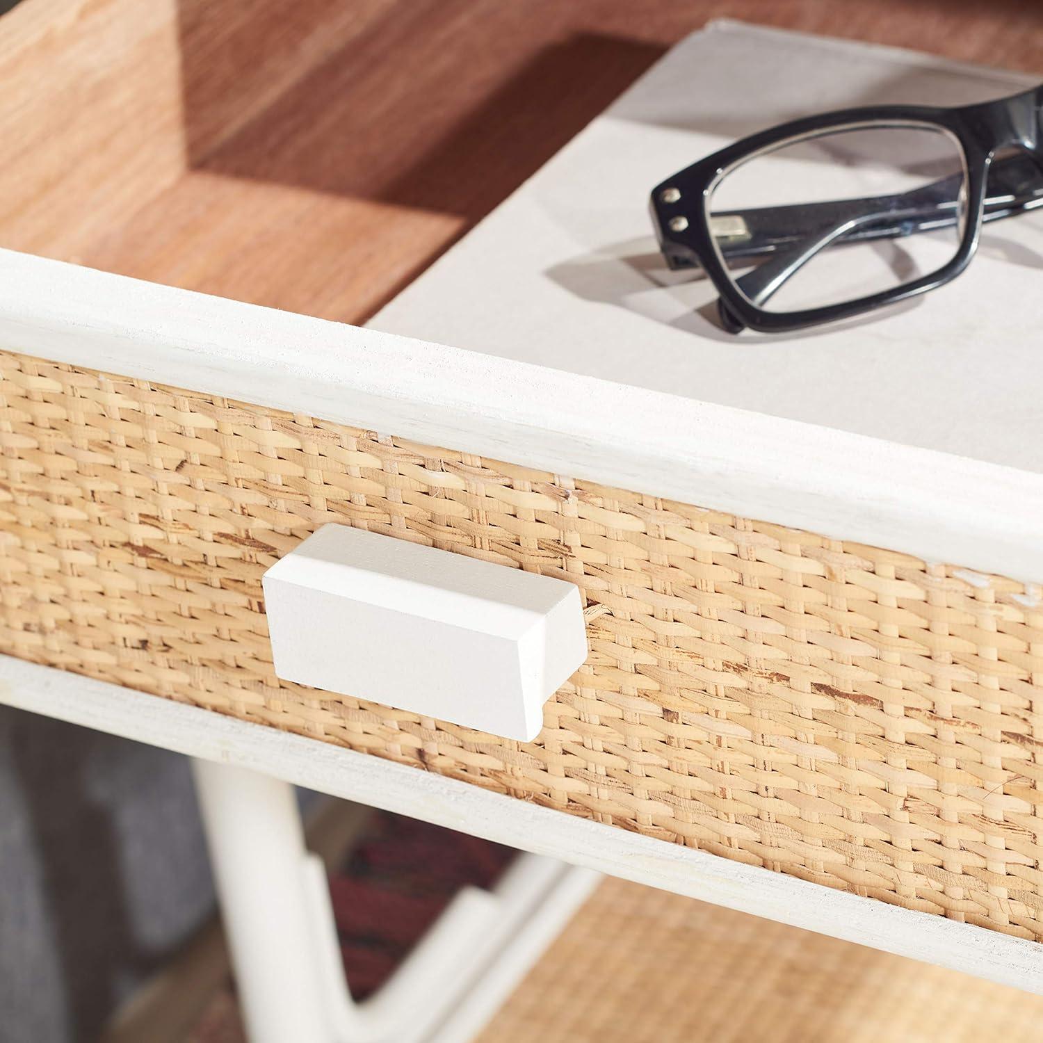 image:imageSAFAVIEH Home Collection Roya White amp Natural Nightstand with Drawer amp Shelf Coastal Accent Table BambooStyle Frame amp Rattan Drawer NST4005CWhite Natural