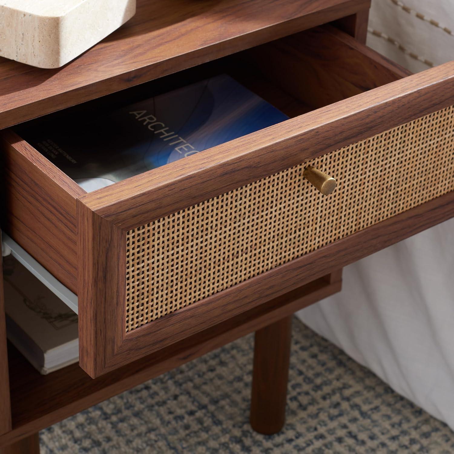 image:imageSAFAVIEH Home Collection Silvanna WalnutNatural Rattan 1Drawer 1Shelf Nightstand
