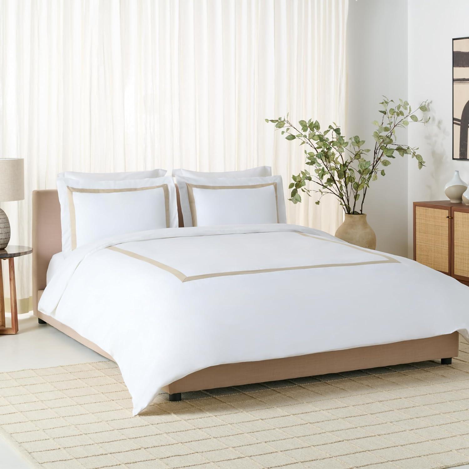 image:imageSAFAVIEH Home Hotel Collection Duvet Cover Set 300TC 100 Cotton Percale 3Piece Border Design Desert Beige amp White King Includes 1 Duvet Cover amp 2 Pillow Shams DVT1000AKDesert BeigeWhite