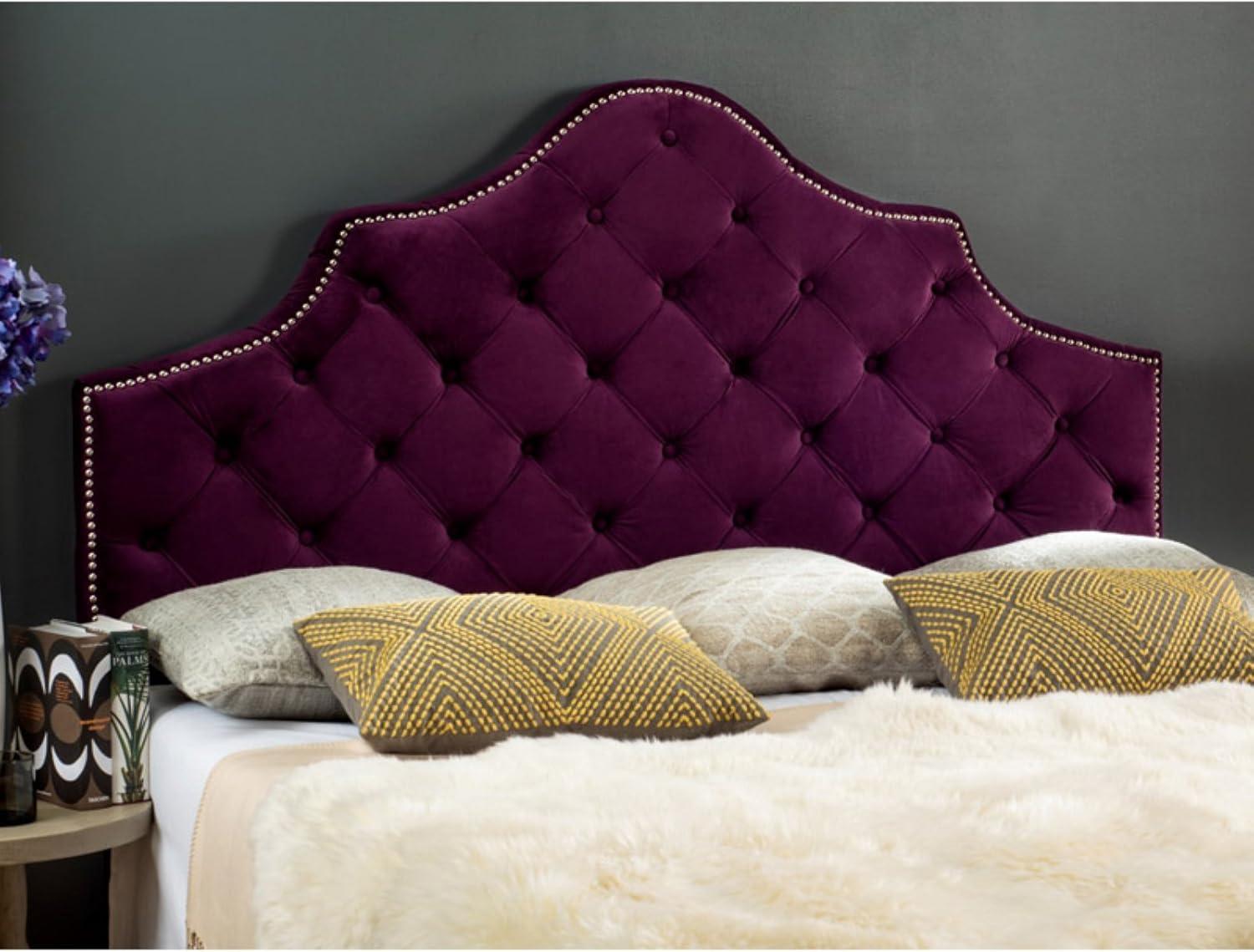image:imageSafavieh Arebelle Taupe Linen Upholstered Tufted Headboard Silver Nailhead QueenAubergine