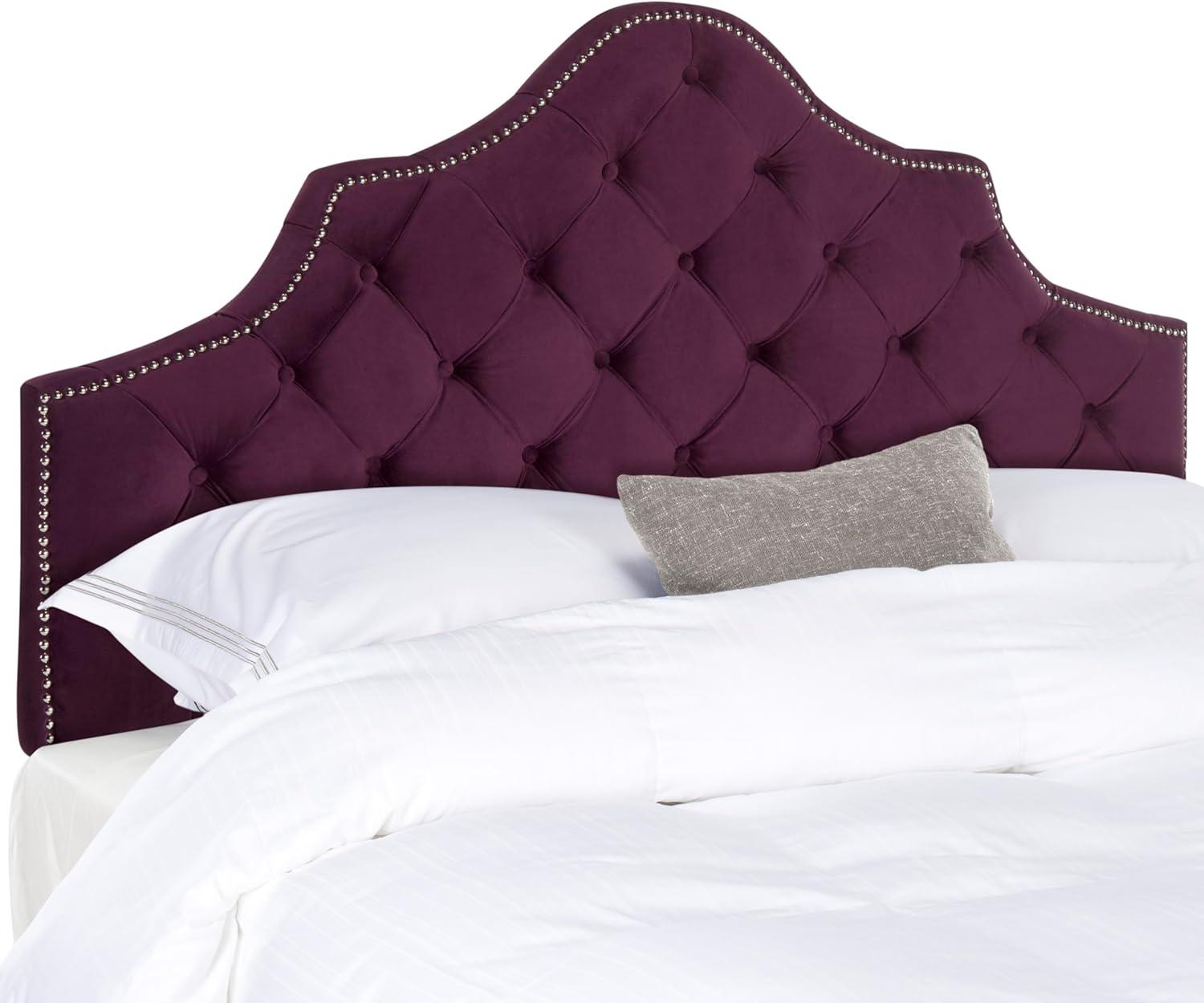 image:imageSafavieh Arebelle Taupe Linen Upholstered Tufted Headboard Silver Nailhead QueenAubergine