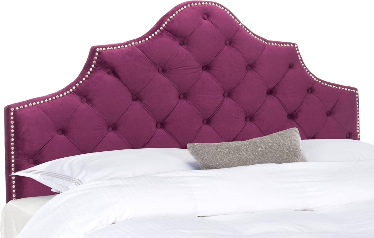 image:imageSafavieh Arebelle Taupe Linen Upholstered Tufted Headboard Silver Nailhead QueenAubergine