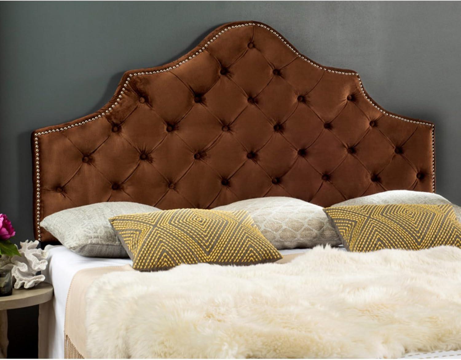image:imageSafavieh Arebelle Taupe Linen Upholstered Tufted Headboard Silver Nailhead QueenAubergine