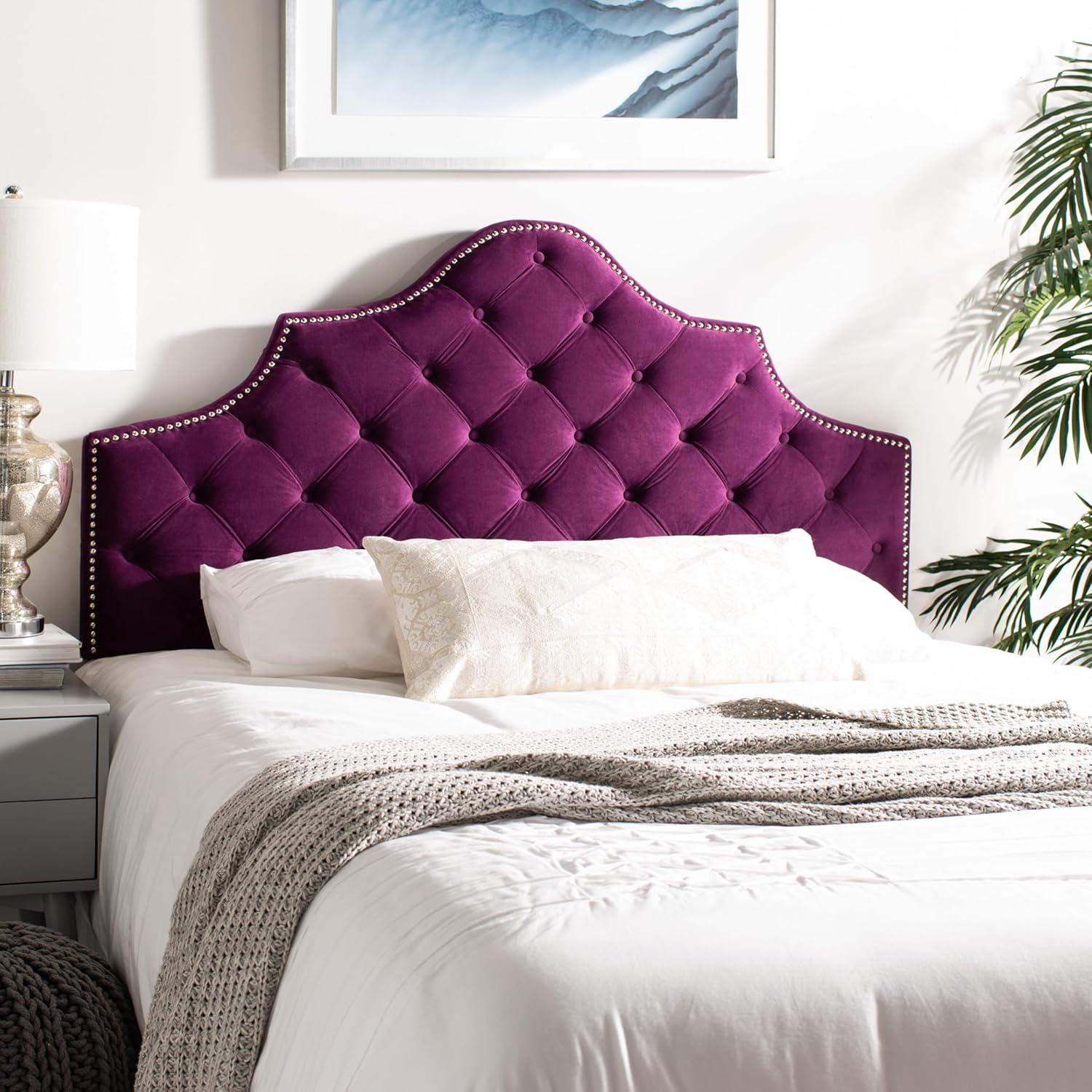 image:imageSafavieh Arebelle Taupe Linen Upholstered Tufted Headboard Silver Nailhead QueenAubergine