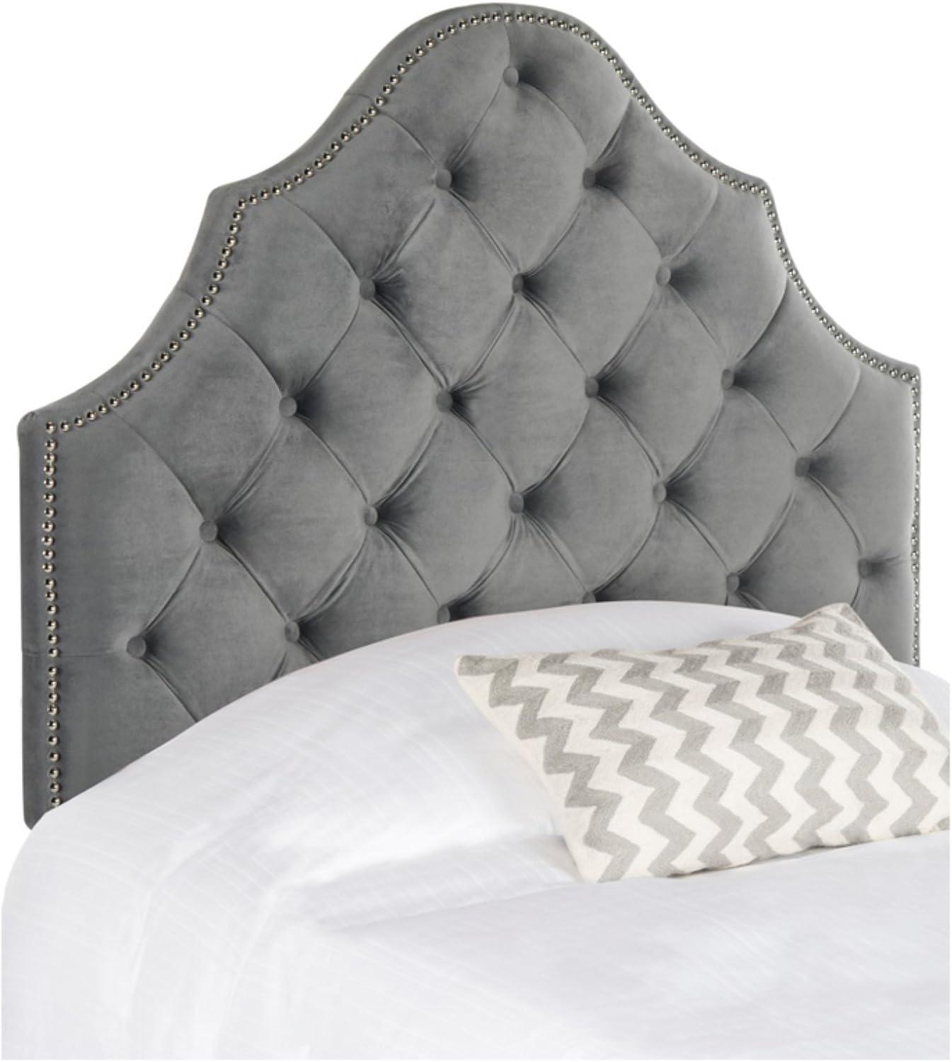 image:imageSafavieh Arebelle Taupe Linen Upholstered Tufted Headboard Silver Nailhead QueenAubergine