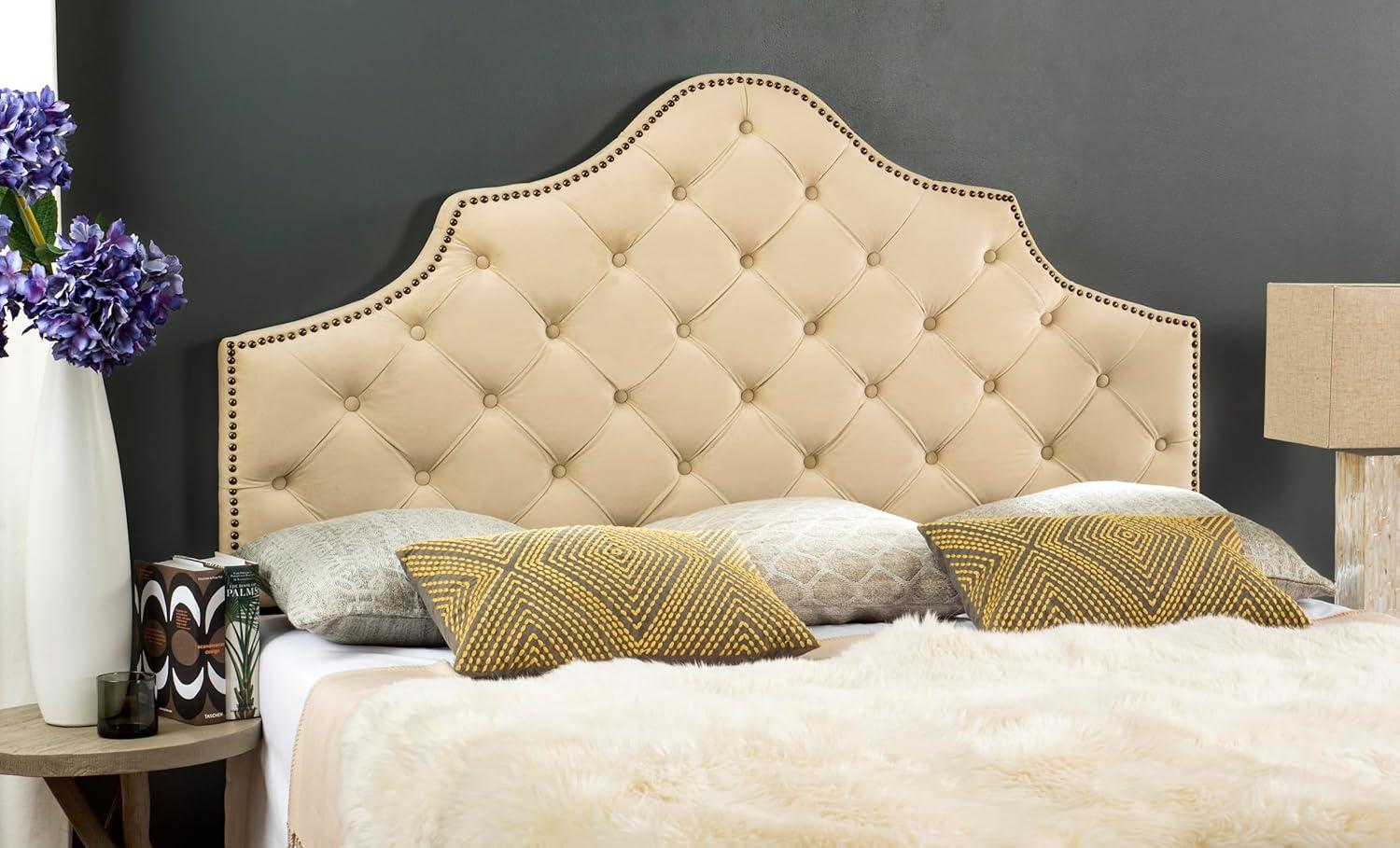 image:imageSafavieh Arebelle Taupe Linen Upholstered Tufted Headboard Silver Nailhead QueenBuckwheat