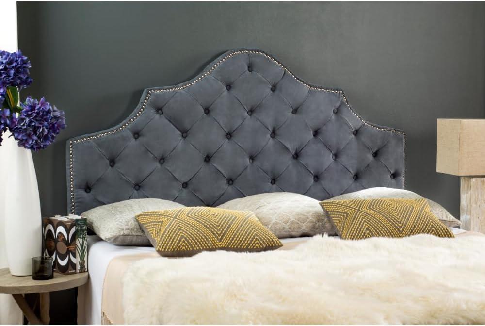 image:imageSafavieh Arebelle Taupe Linen Upholstered Tufted Headboard Silver Nailhead QueenGray