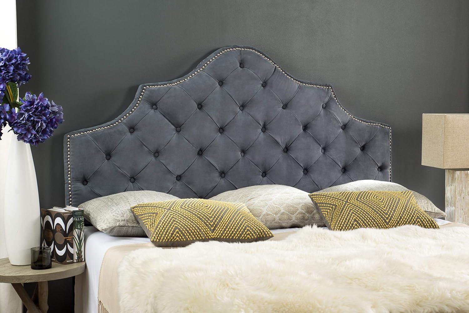 image:imageSafavieh Arebelle Taupe Linen Upholstered Tufted Headboard Silver Nailhead QueenGray