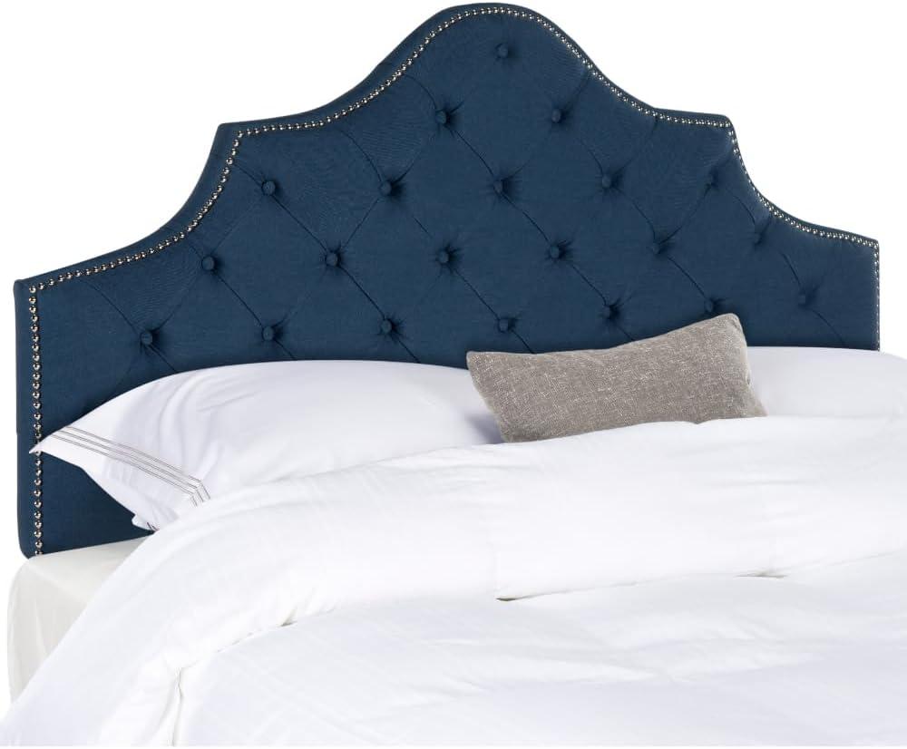 image:imageSafavieh Arebelle Taupe Linen Upholstered Tufted Headboard Silver Nailhead QueenSteel Blue