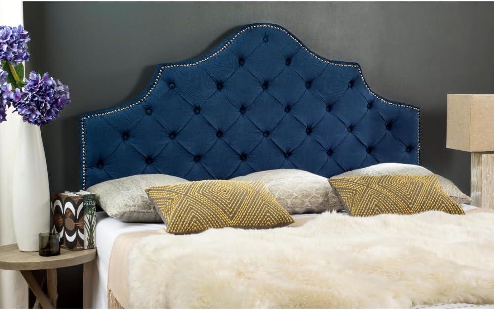 image:imageSafavieh Arebelle Taupe Linen Upholstered Tufted Headboard Silver Nailhead QueenSteel Blue