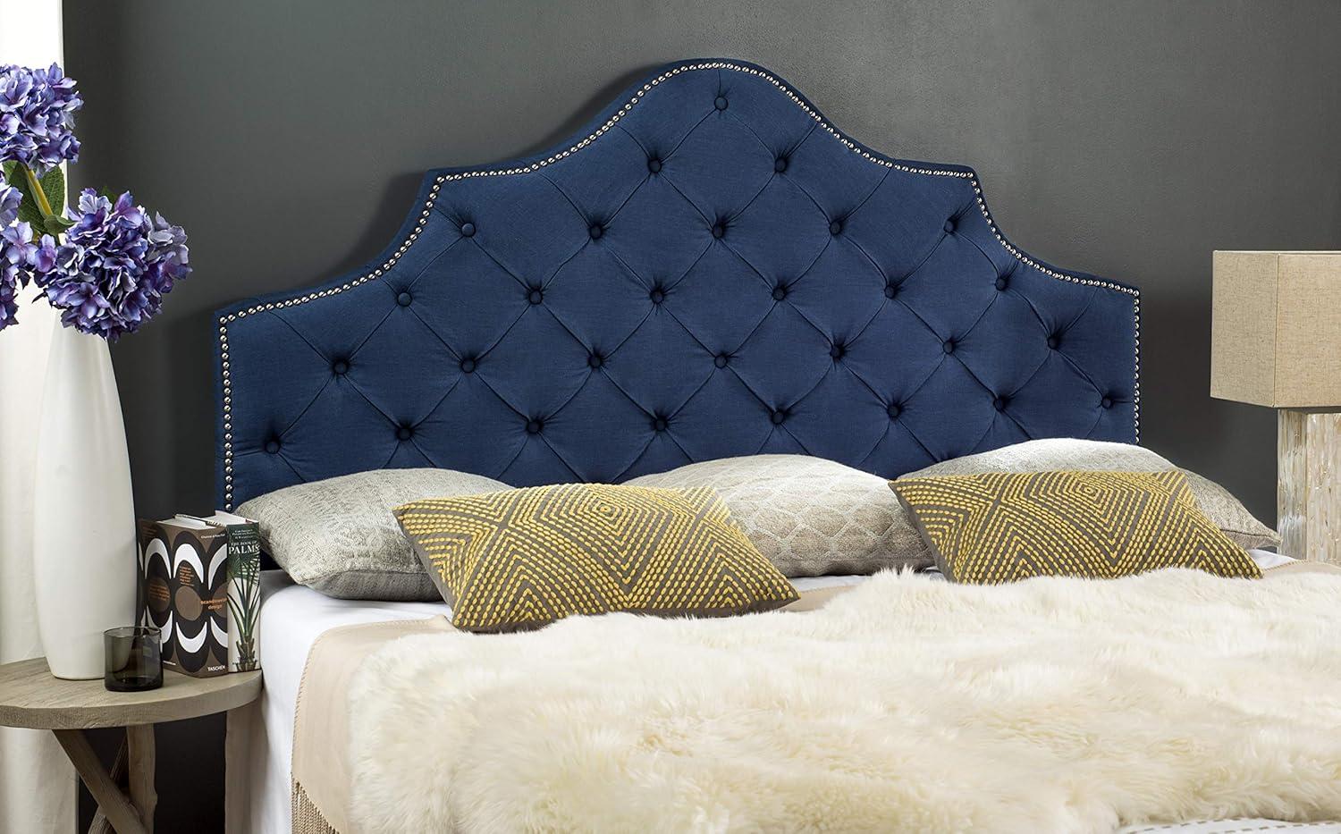 image:imageSafavieh Arebelle Taupe Linen Upholstered Tufted Headboard Silver Nailhead QueenSteel Blue