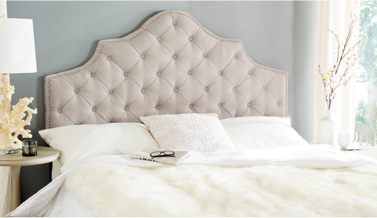 image:imageSafavieh Arebelle Taupe Linen Upholstered Tufted Headboard Silver Nailhead QueenTaupe