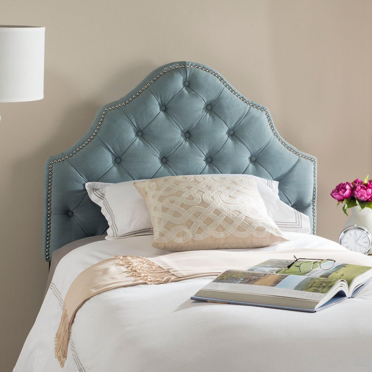 image:imageSafavieh Arebelle Taupe Linen Upholstered Tufted Headboard Silver Nailhead QueenTaupe