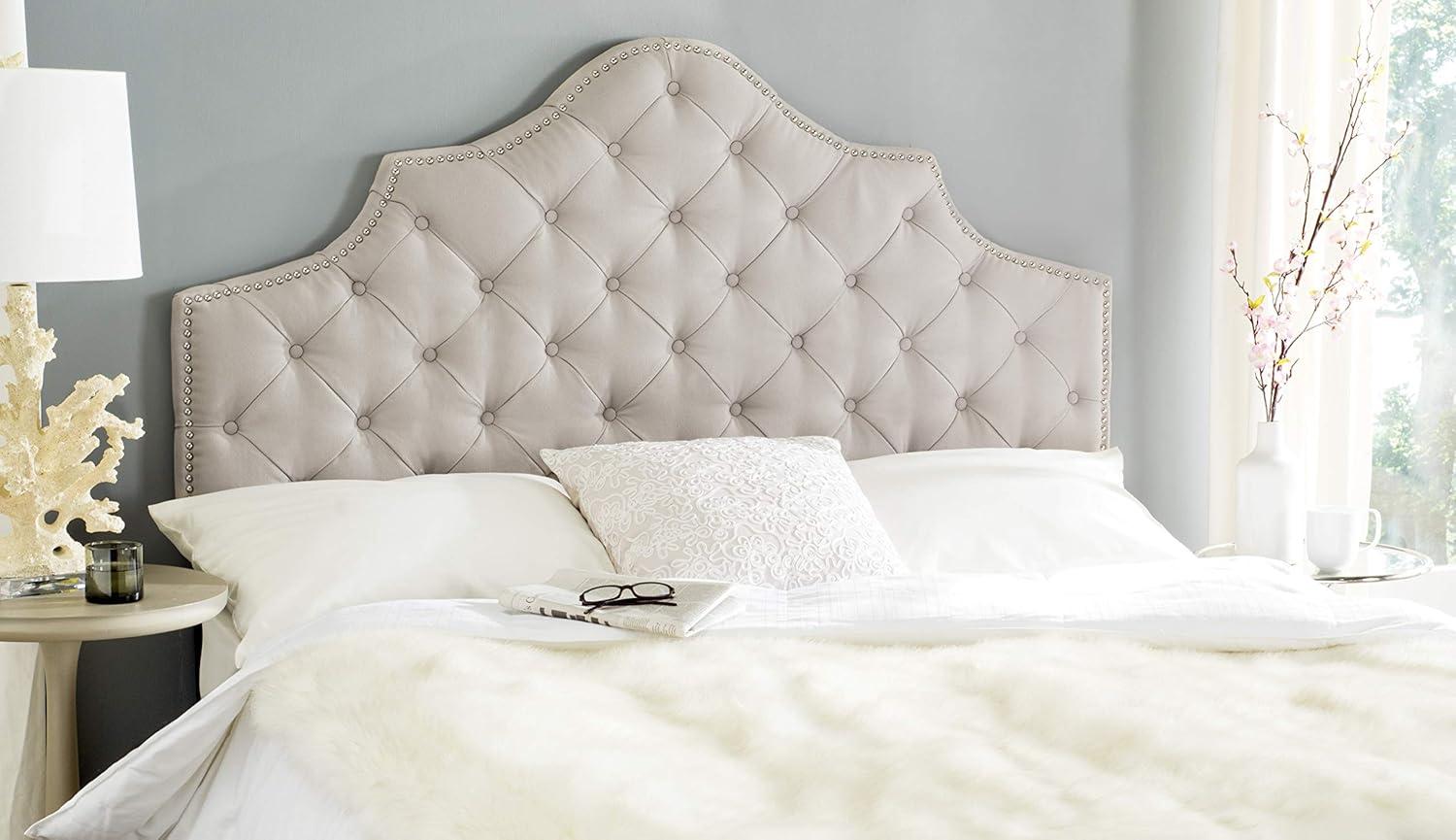 image:imageSafavieh Arebelle Taupe Linen Upholstered Tufted Headboard Silver Nailhead QueenTaupe