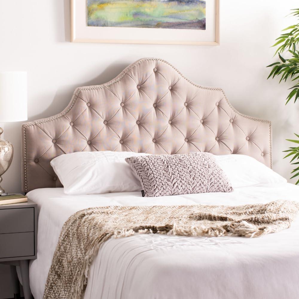image:imageSafavieh Arebelle Taupe Linen Upholstered Tufted Headboard Silver Nailhead QueenTaupe