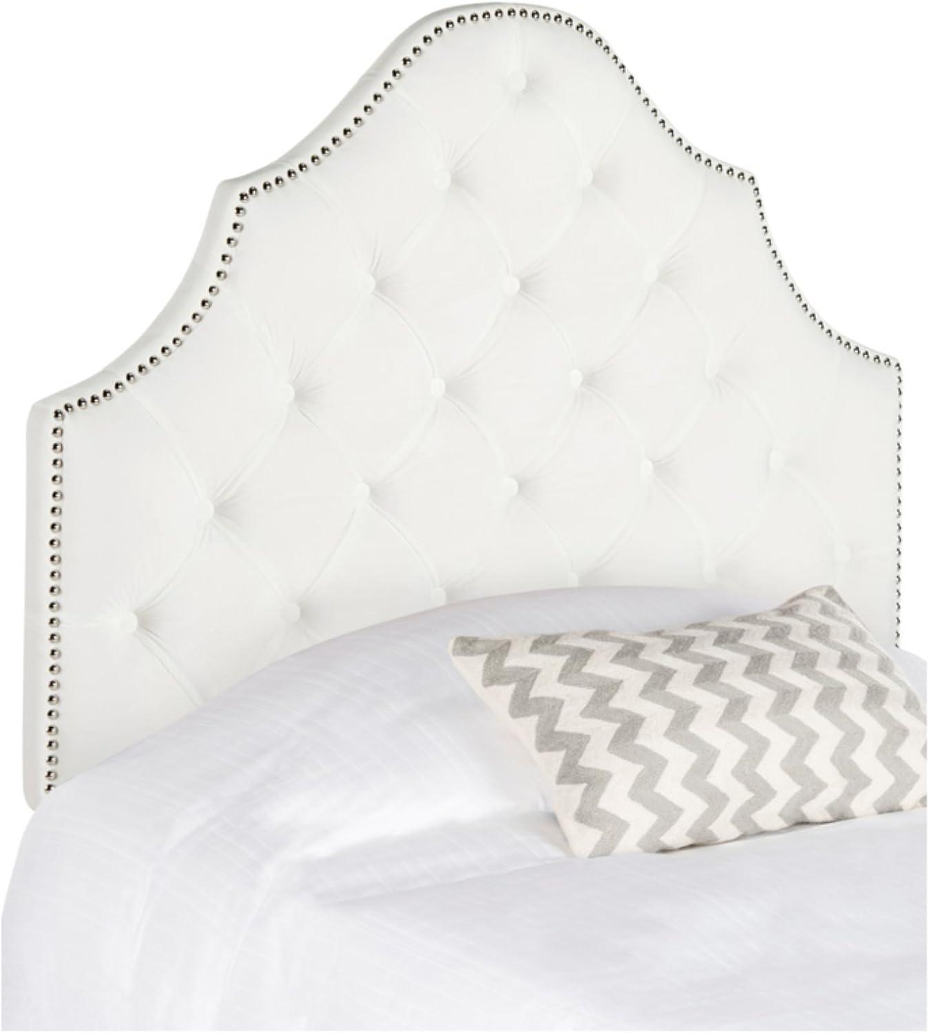image:imageSafavieh Arebelle Taupe Linen Upholstered Tufted Headboard Silver Nailhead QueenWhite