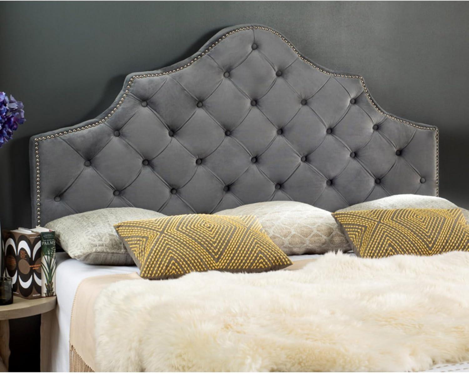image:imageSafavieh Arebelle Taupe Linen Upholstered Tufted Headboard Silver Nailhead QueenWhite