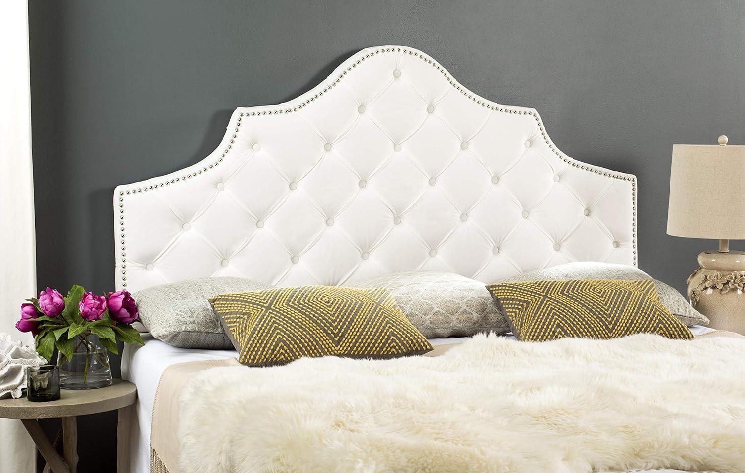 image:imageSafavieh Arebelle Taupe Linen Upholstered Tufted Headboard Silver Nailhead QueenWhite