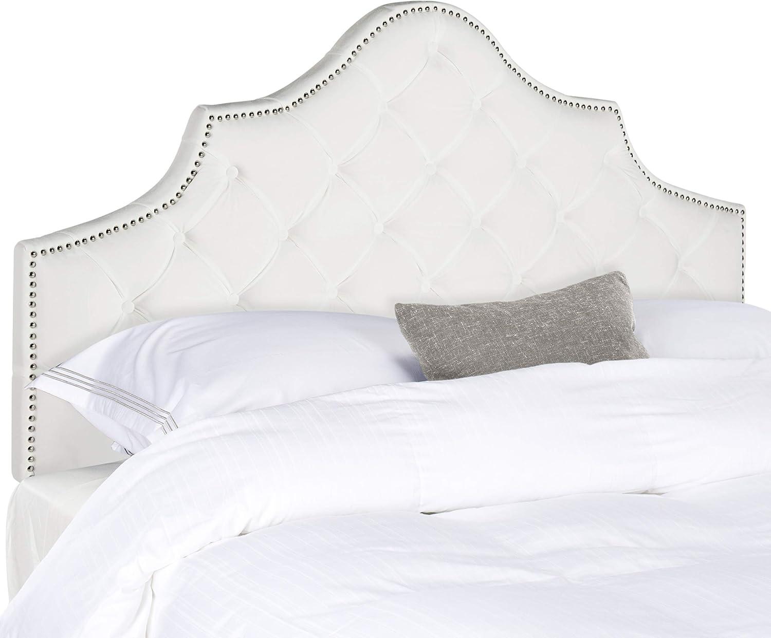 image:imageSafavieh Arebelle Taupe Linen Upholstered Tufted Headboard Silver Nailhead QueenWhite